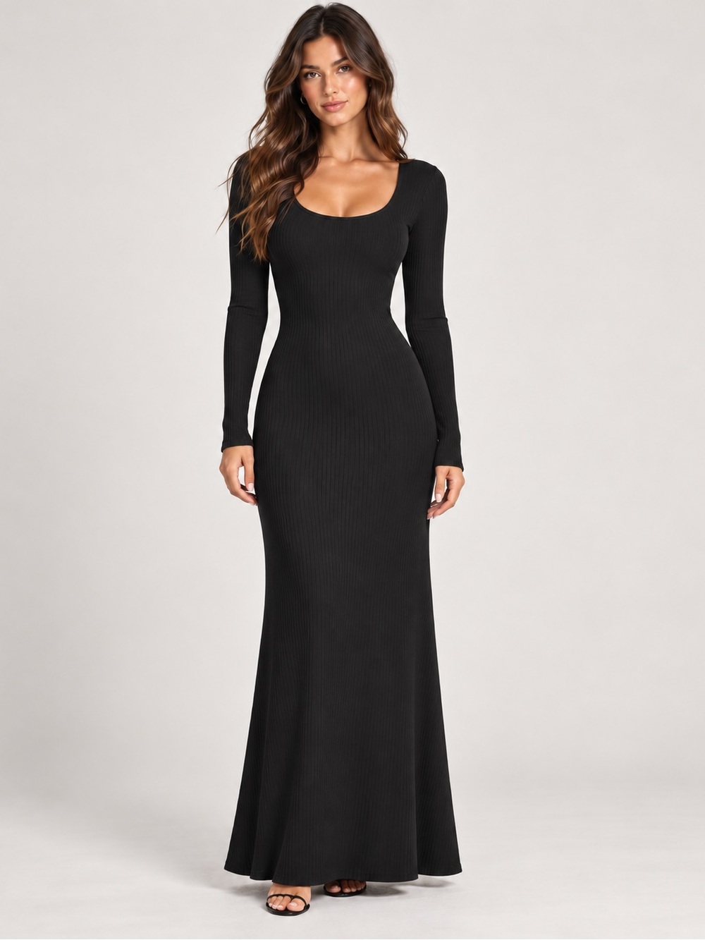 Naked Wardrobe Ribbed Snatched Fit and Flare Long Sleeve Maxi Dress Black